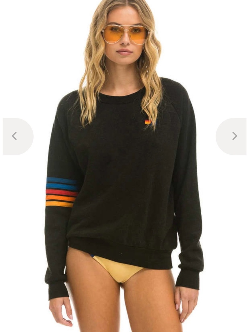 Aviator Nation Black Crewneck Sweater with Blue, Red & Orange Sleeve Stripes